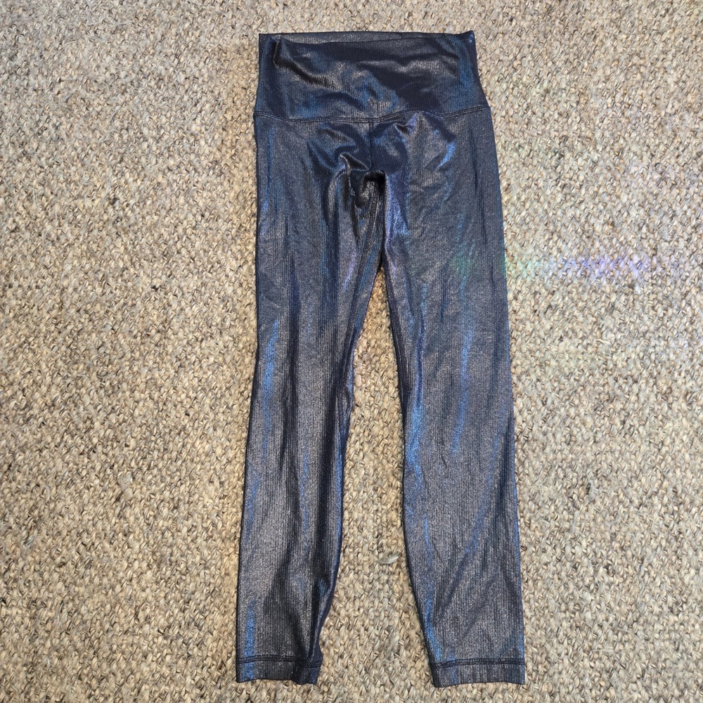 Lululemon Fast & Free Leggings Women 6 Blue Iridescent Foil Ribbed High Rise 25"